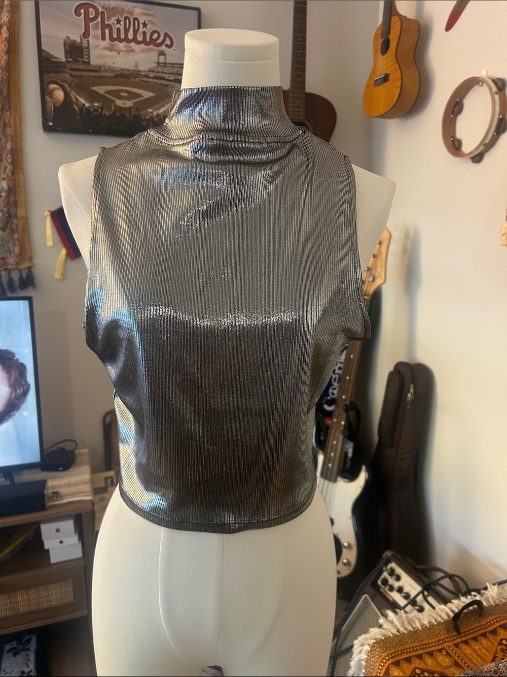 H&M Metallic Silver Sleeveless Mock Neck Crop Top